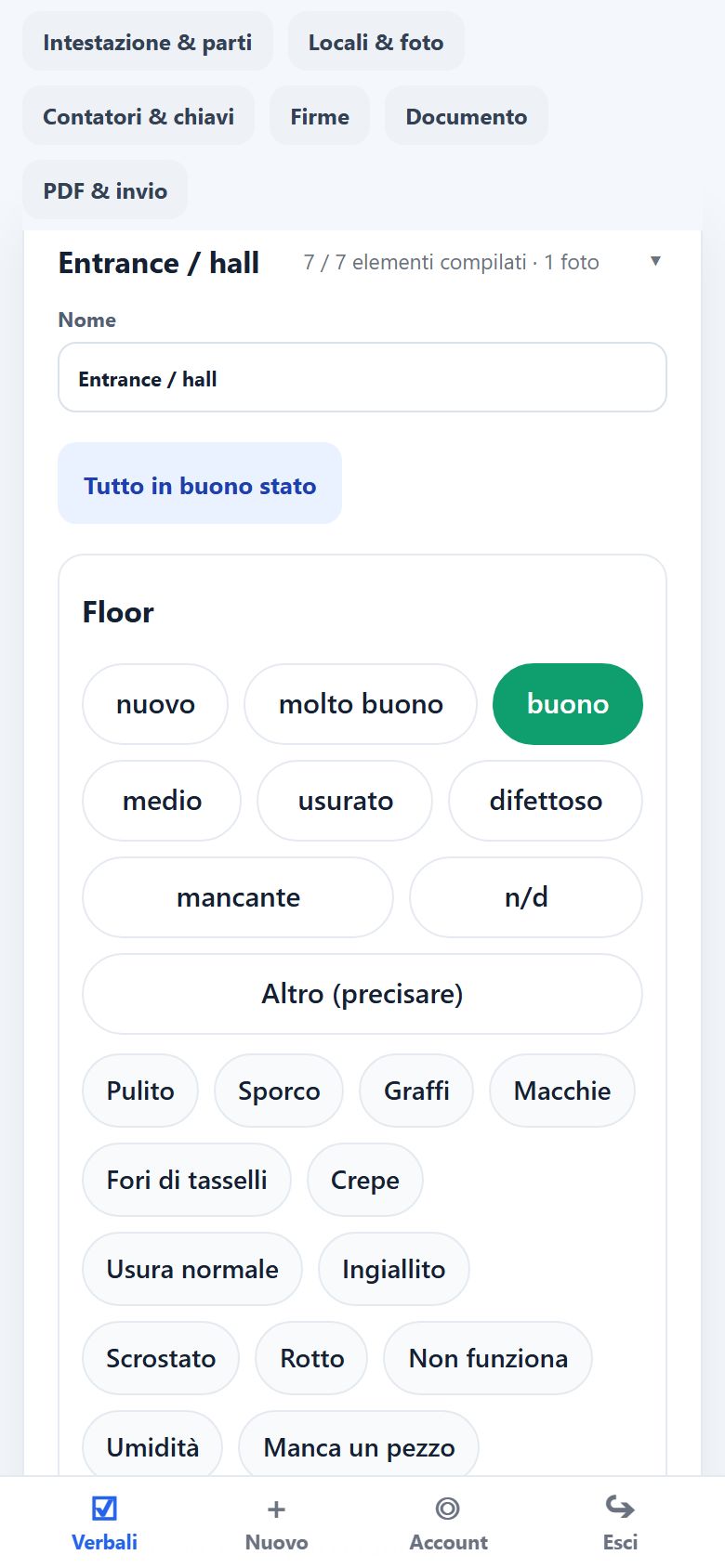 Rooms and items of a report