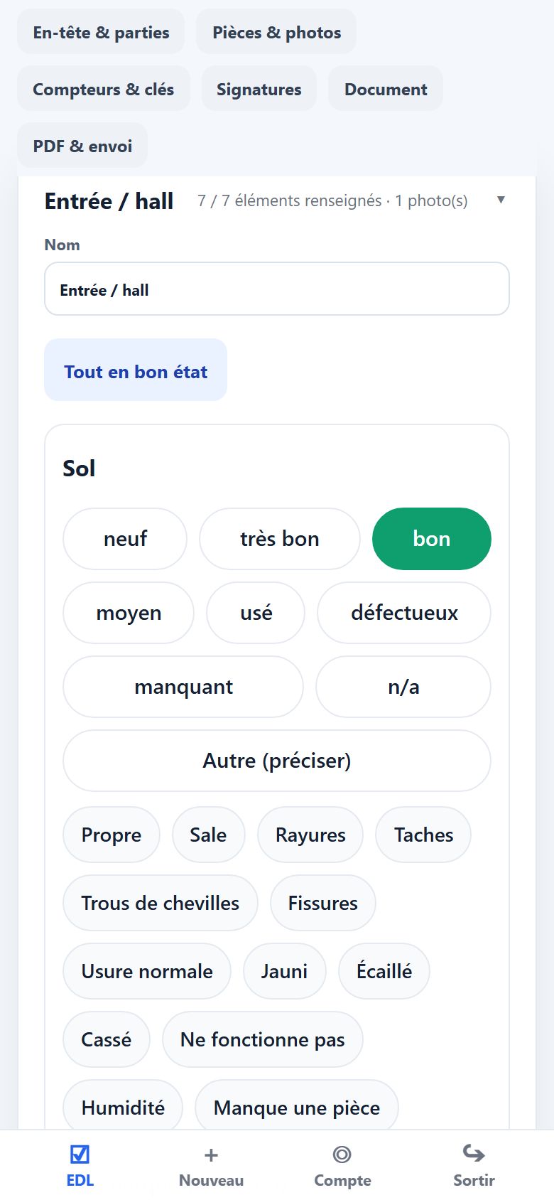Pièces et éléments d’un état des lieux