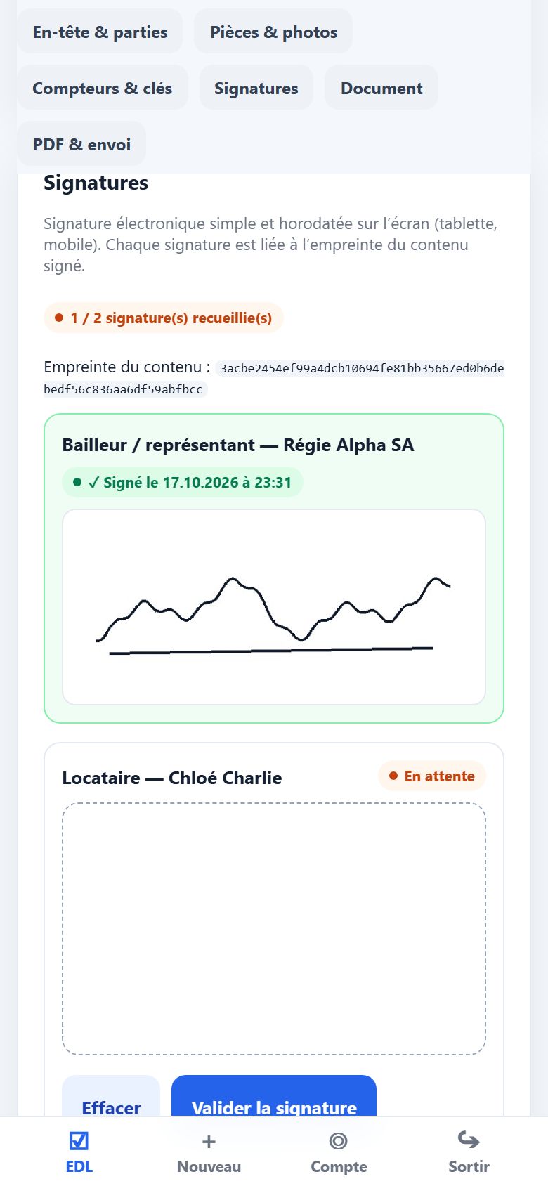 Signature du locataire sur l’écran